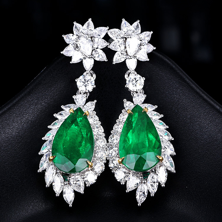 aretes lujos de esmeralda natural con diamantes antiguos para mujer