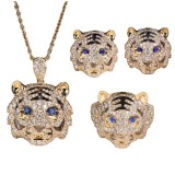Conjunto de anillo aretes y collar de zafiro y diamantes en forma de tigre