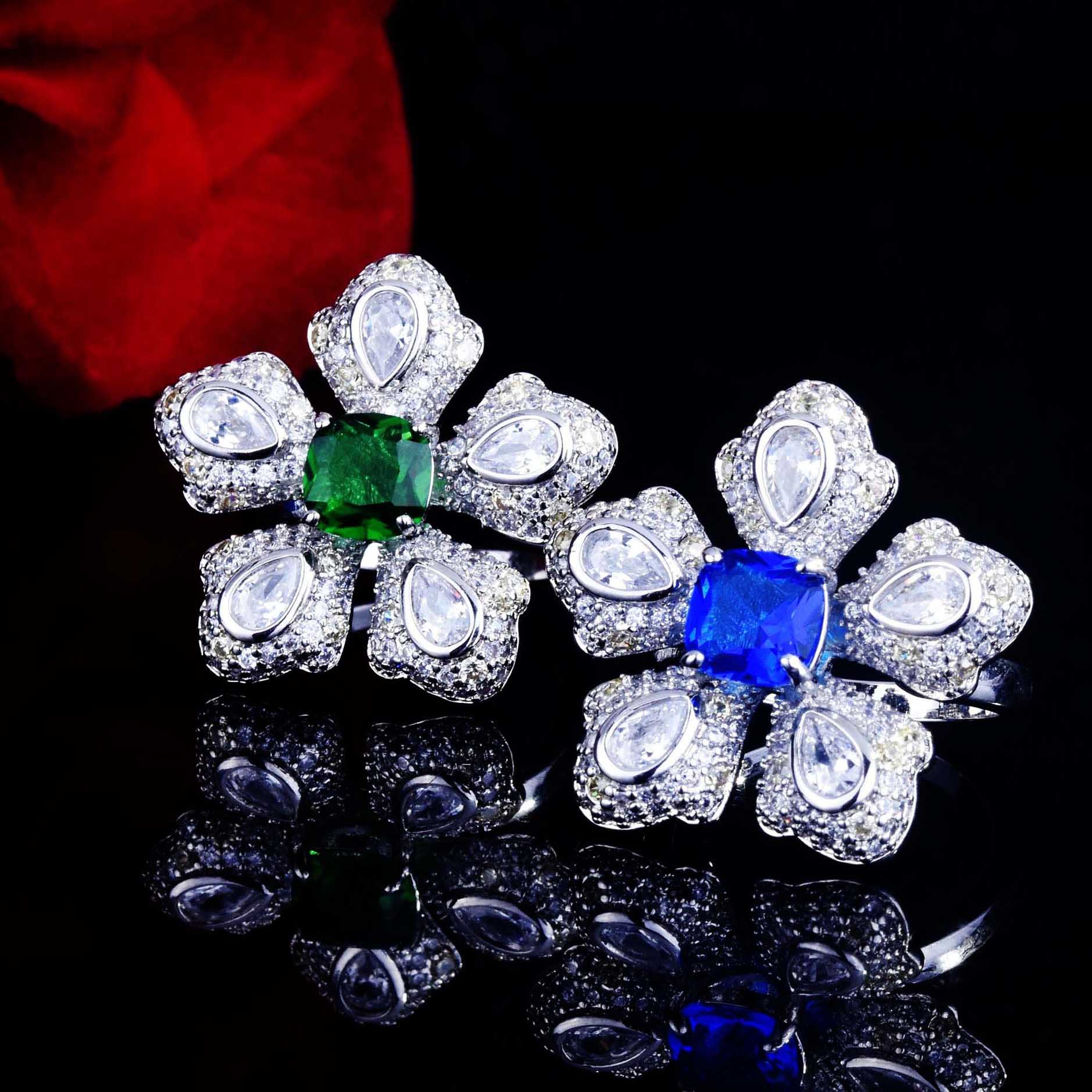anillos ajustables de flor de diamantes con topacio para mujer