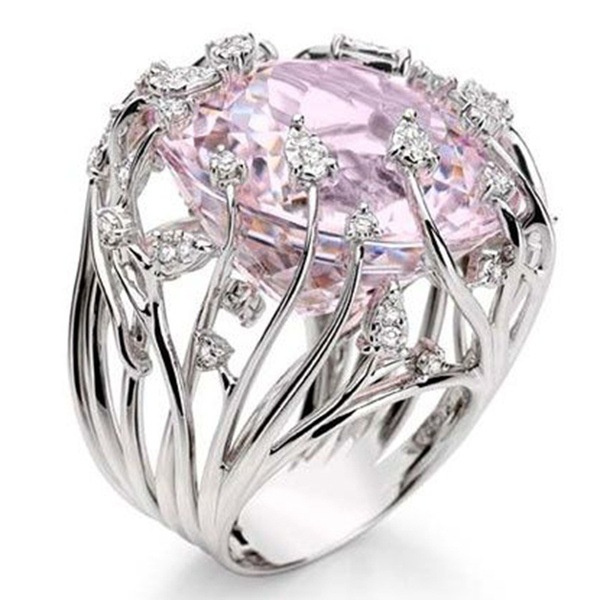 anillos bonitos de cuarzo rosa de moda para mujer