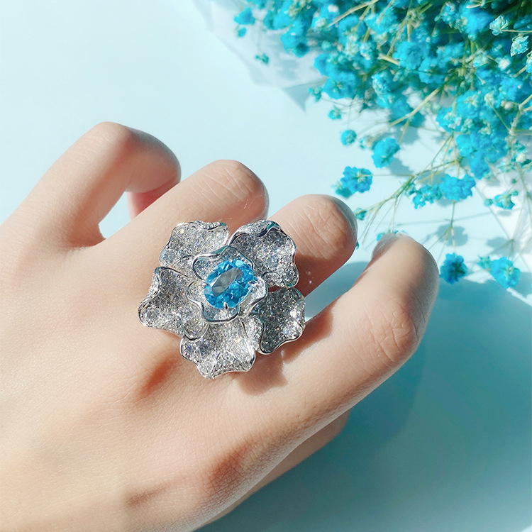 anillos bonitos de aguamarina con diamantes lujos para mujer