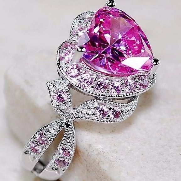 anillos de corazon de cuarzo rosa con diamantes de moda para mujer
