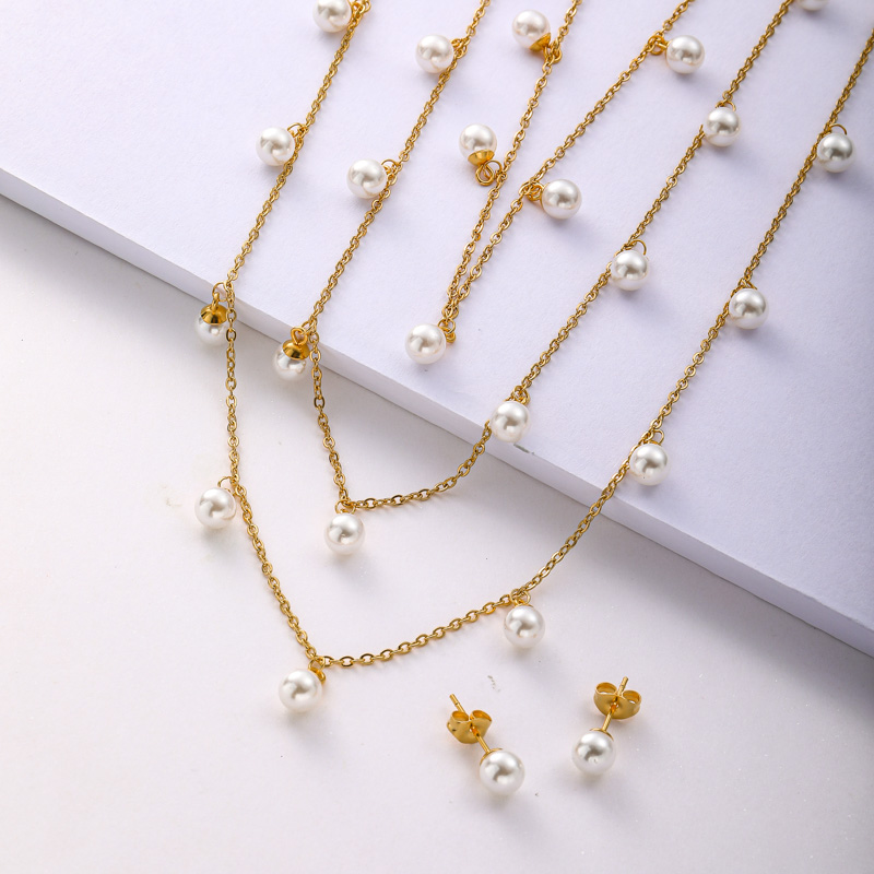 juegos de collar triple cadenas dorada con perla
