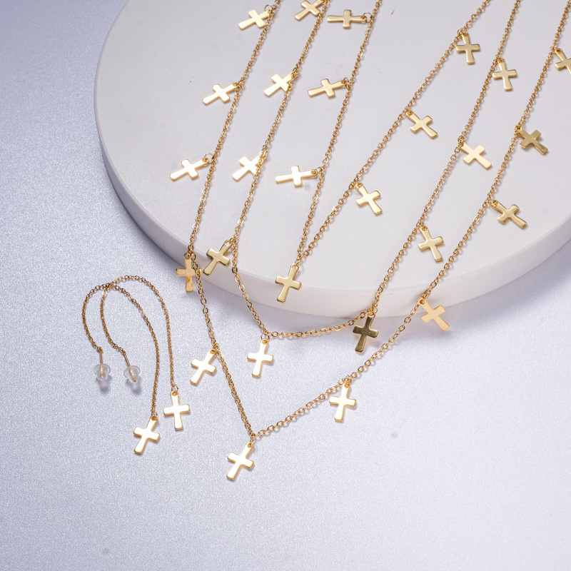 conjuntos con aretes estilo especial triple cadena con cruzas dorado para mujer