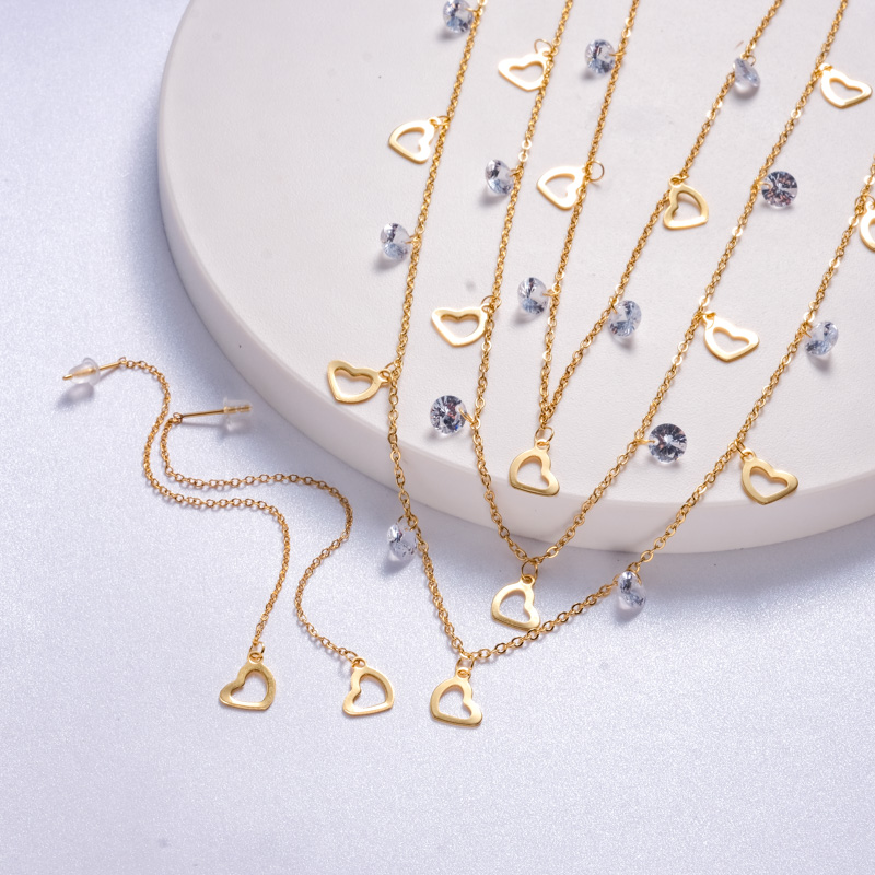 conjuntos con pendientes corazon vacio diseno especial triple cadena con piedras acero codlor dorado para mujer