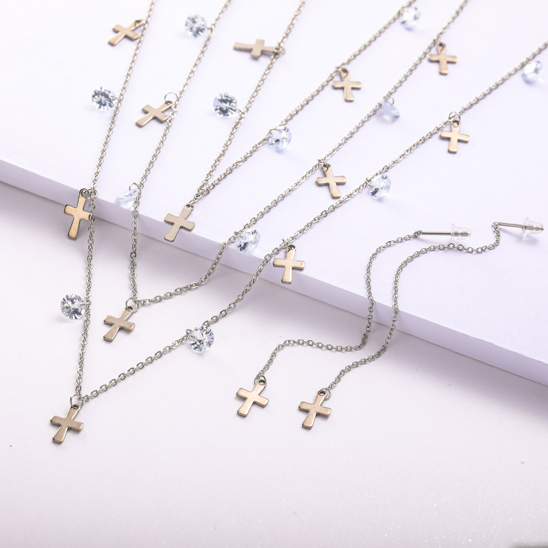 conjuntos con aretes estilo especial triple cadena con cruzas piedras plateado para mujer