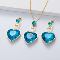 conjunto pendientes y colgante con ciron de azul de moda corazon 18k por mayoreo