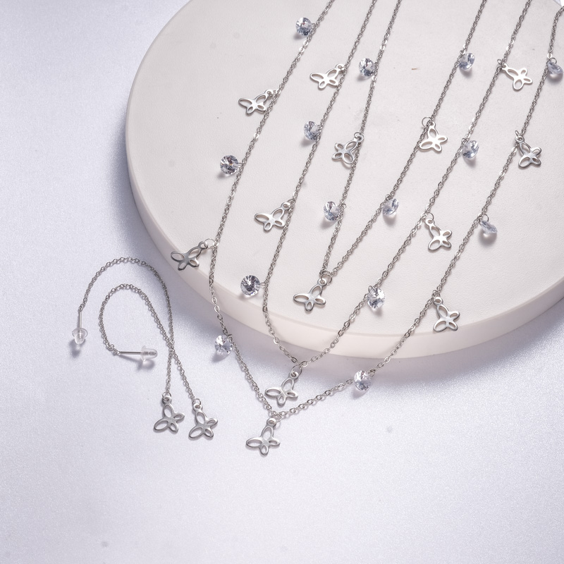 conjuntos con aretes de acero triple cadena con mariposa y piedras silver para mujer