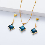 conjunto collar y pendientes cristal azul acero inoxidable 18k por mayor