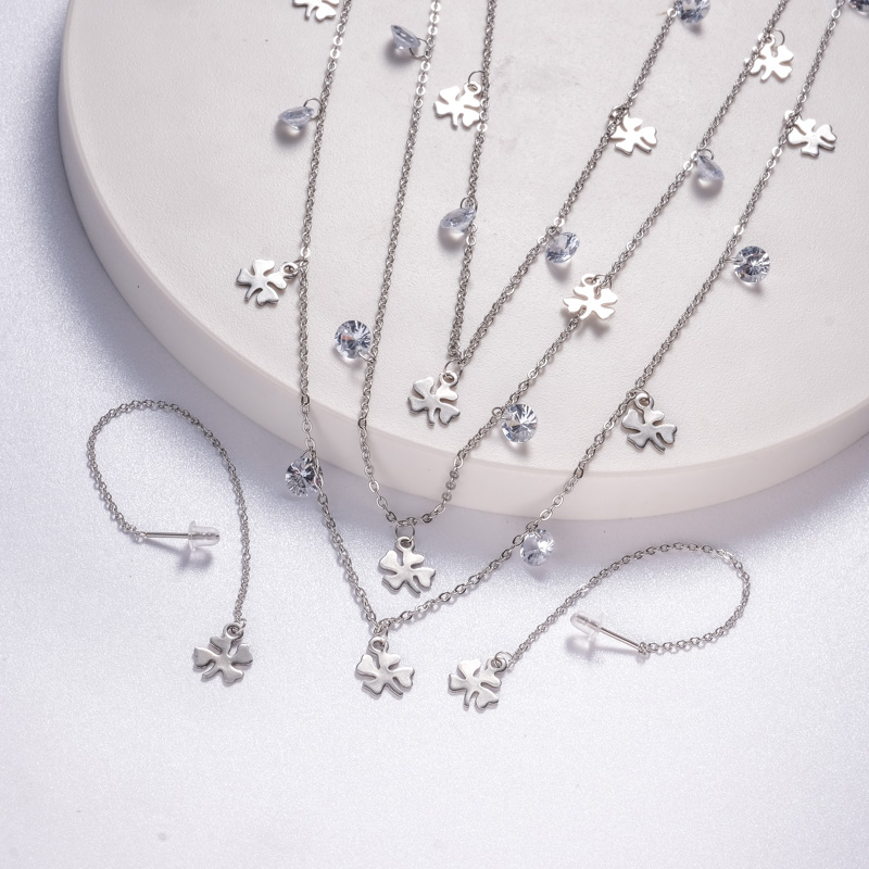 conjuntos con aretes de Copo de nieve acero triple cadena con piedras color silver para mujer