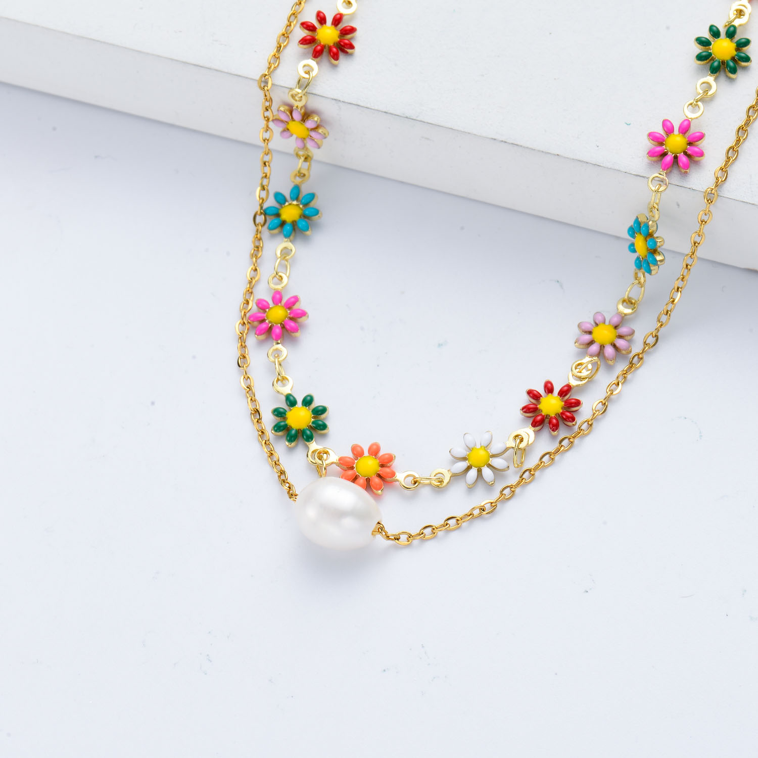 collar de doble cadenas con perla y flores al por mayor
