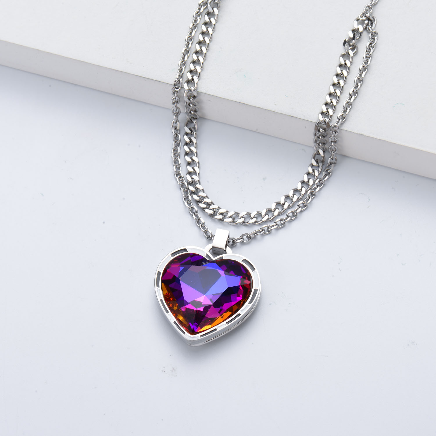 collares de moda plateado con colgante corazon cristal violeta por mayoreo