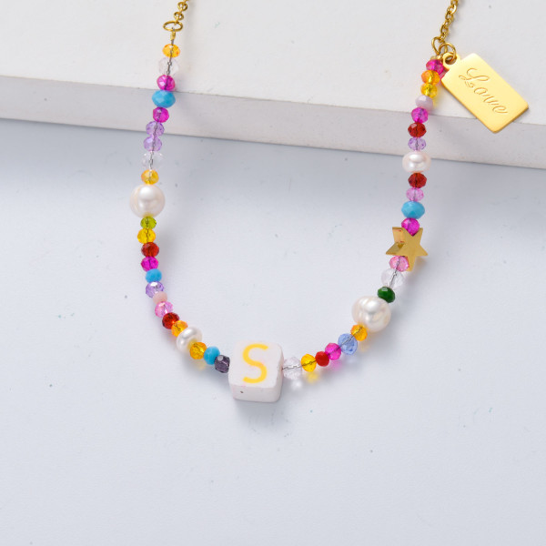 Collar aesthetic de letra I con bolitas y llave por mayor