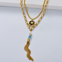 collar de mujer en acero estilo especial doble cadena con perla natural color dorado