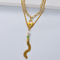 collar de mujer en acero estilo especial doble cadena con perla natural color dorado