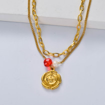 collar de acero para dama color dorado doble cadena con perla natural con dije de flor