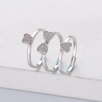Anillos ajustable triple de plata 925 con Diamantes triturados moda corazones