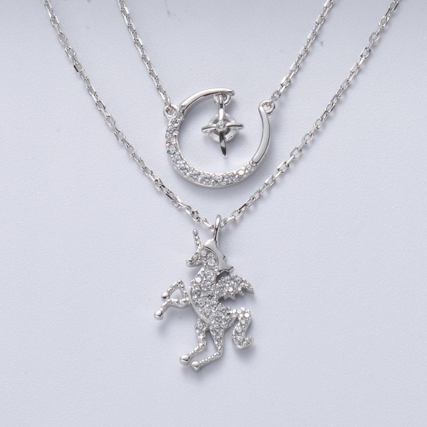 collar de moda en plata 925 doble cadenas con dijes de luna estrella y pegaso