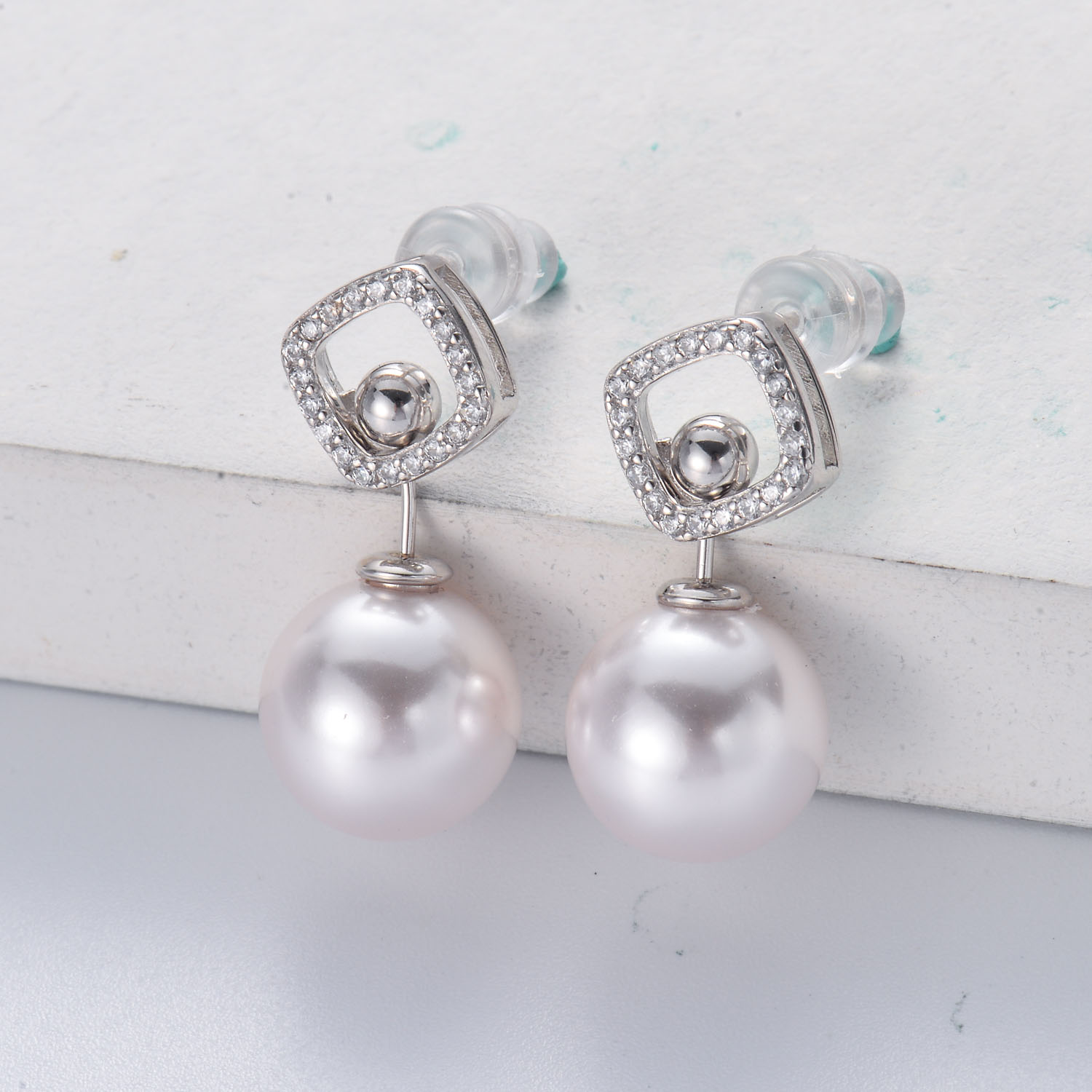 aretes de perla natural grande plata 925 con diamante para mujer