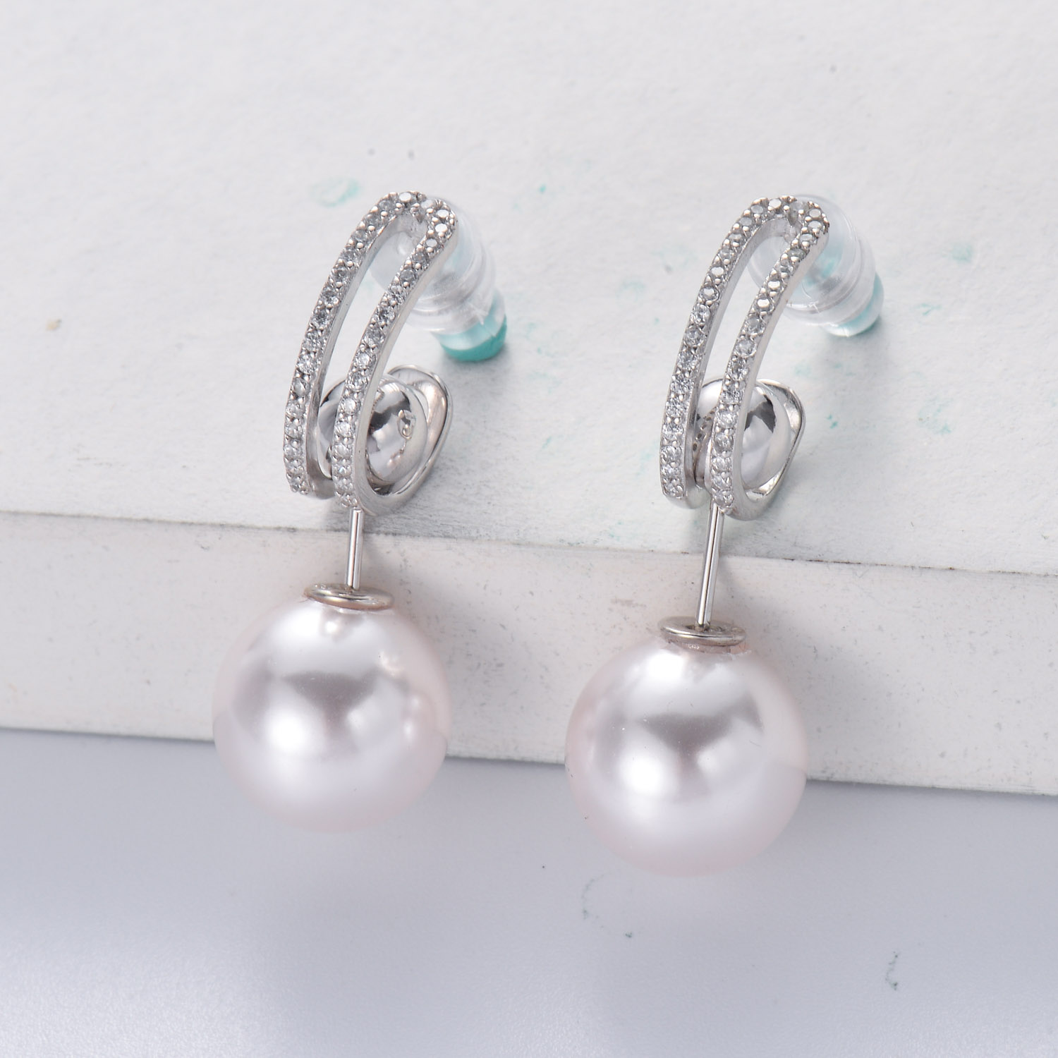 aretes de perla natural grande plata 925 con diamante para mujer