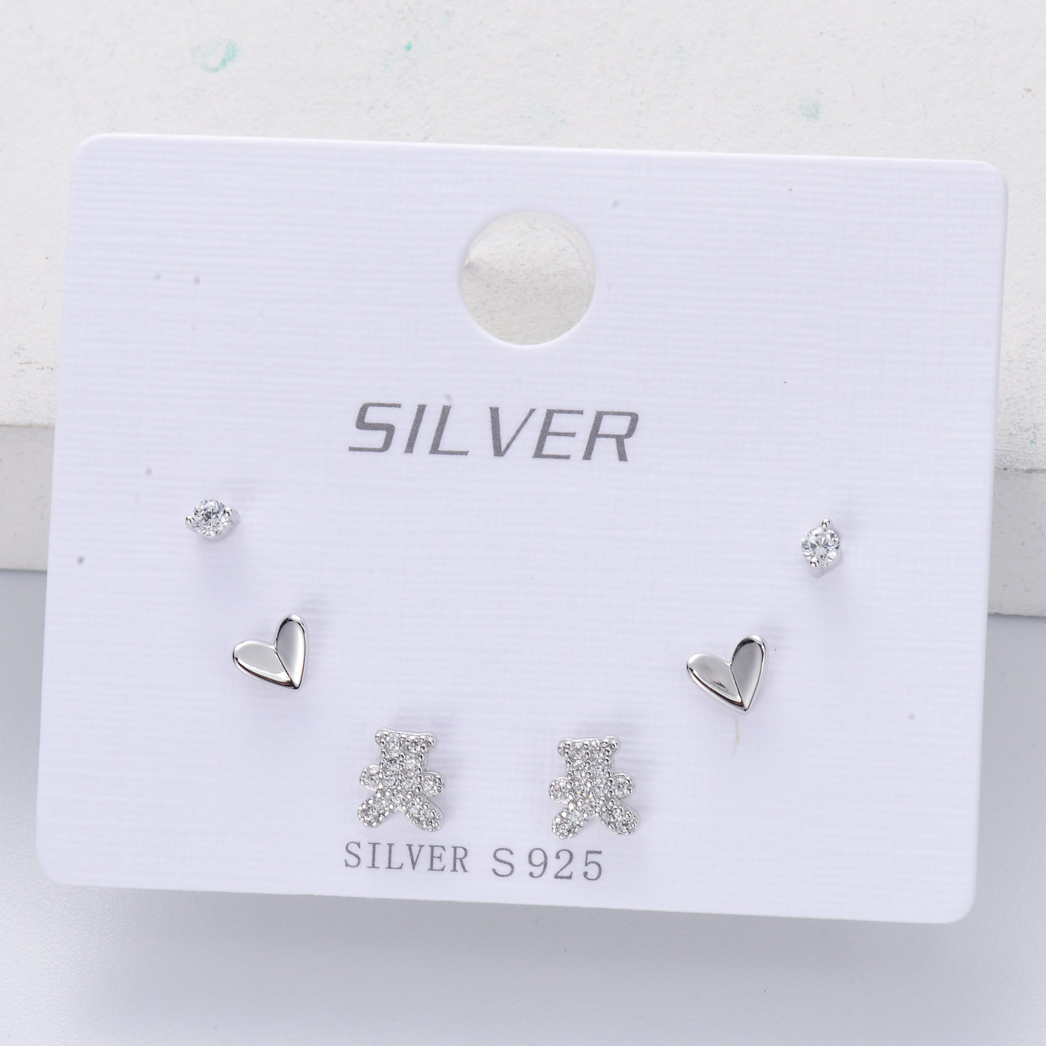 set de aretes plata 925 forma de osito corazoncito con diamante CZ para mujer