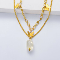 collar de mariposa acero color dorado doble cadena con piedra natural semi precious de la luna color blanca para mujer