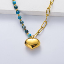 collar de acero color dorado con piedra natural semi precious de carbono azul dije de corazon grande para mujer