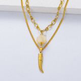 collar de acero doble cadena color dorado con piedra natural semi precious amazonita blanca estilo para mujer