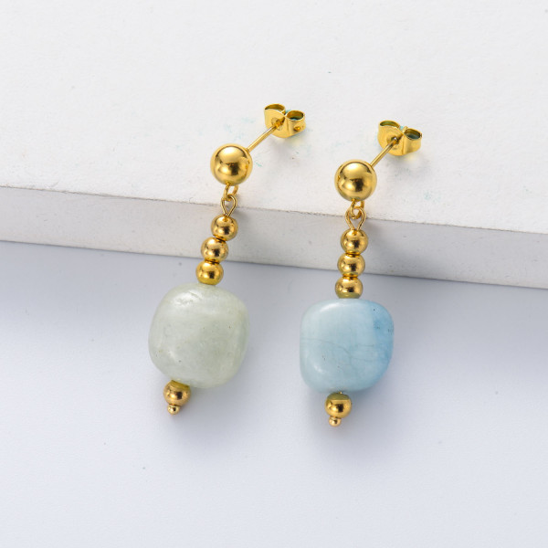 aretes con dijes de bolita de acero y piedra natural semi precious aguamarina