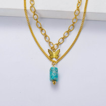 collar de mariposa acero doble cadena color dorado con piedra natural semi precious amazonita verde estilo para mujer