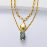 collar de gota de agua acero color dorado con piedra natural semi precious de la luna color negro para mujer