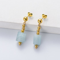 aretes con dijes de bolita de acero y piedra natural semi precious aguamarina