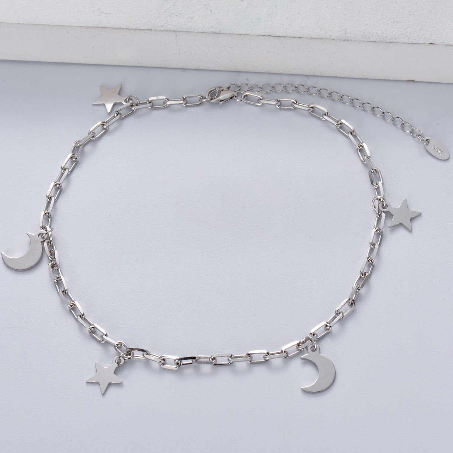 pulsera de plata 925 de cadena de enlace con estrella y luna para mujer por mayor 23cm