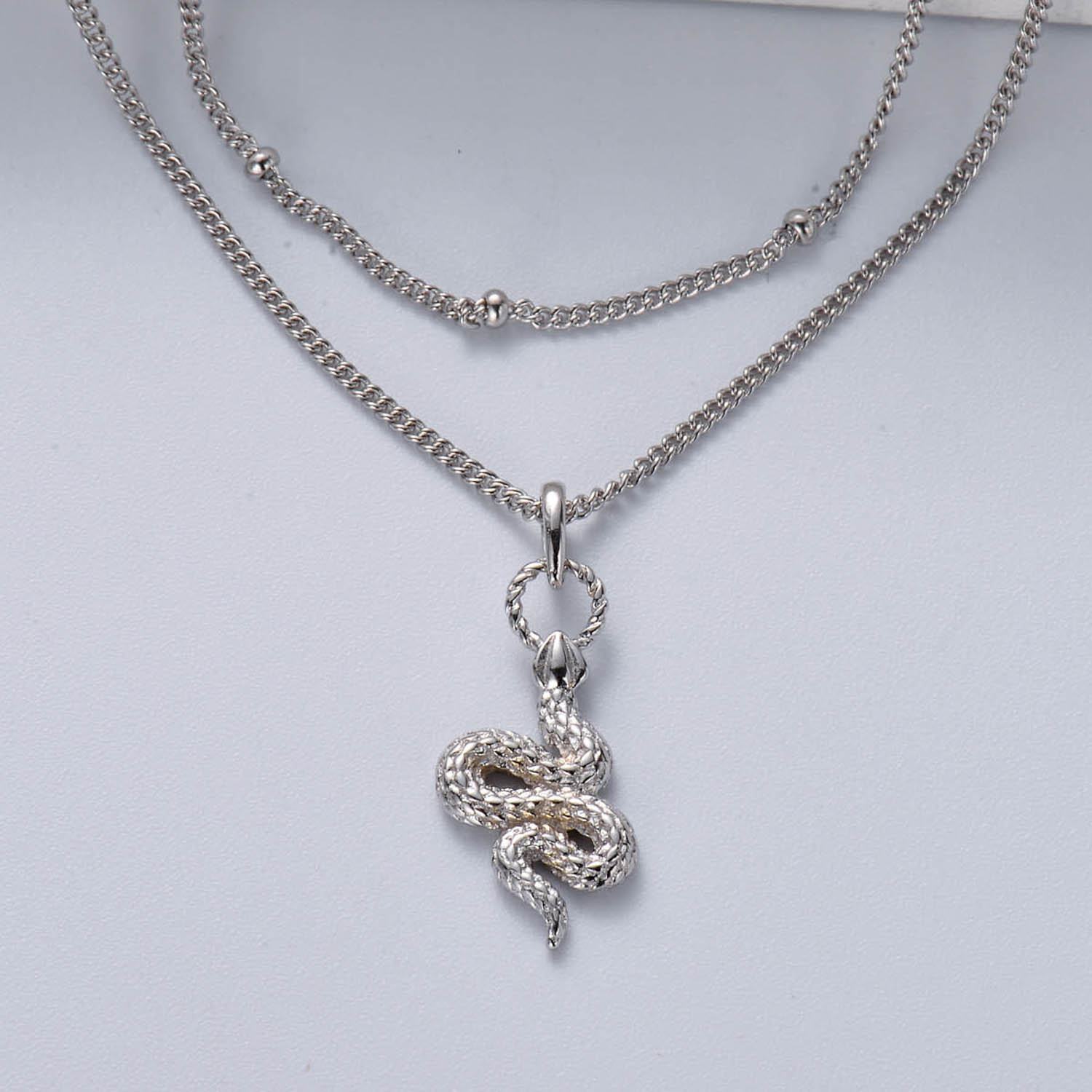 collar de plata 925 de doble cadenas con dijes de serpiente de moda
