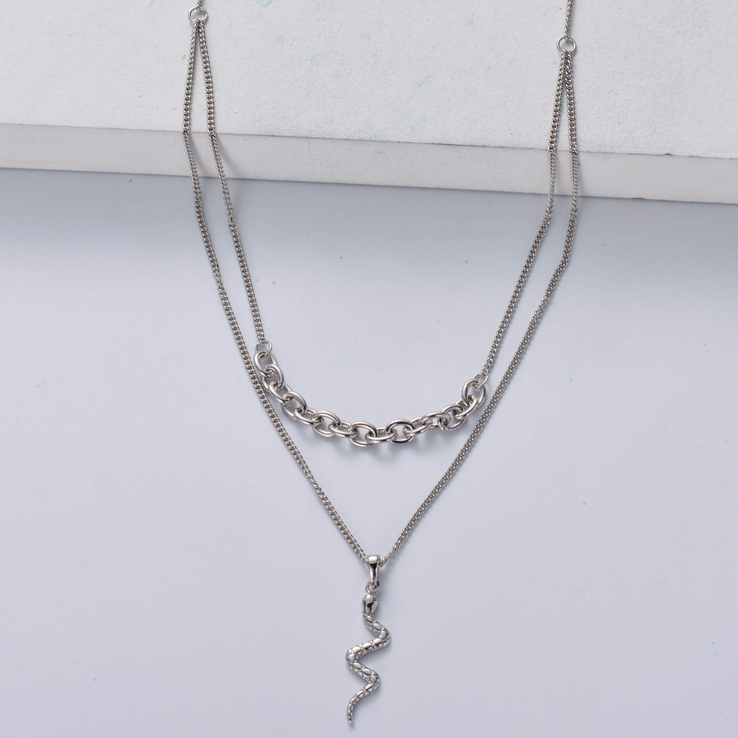 collar de plata 925 de moda en doble cadenas con dijes serpiente