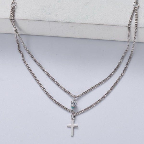 collar de plata 925 de moda en doble cadenas con dijes de cruz y cristal