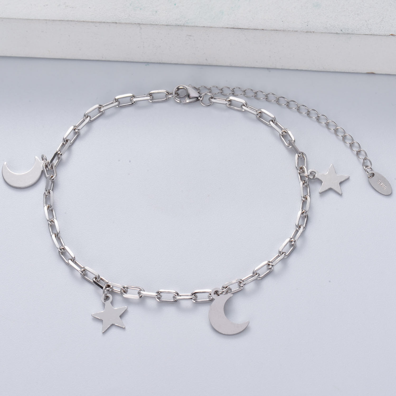 pulsera de plata 925 de cadena de enlace con estrella y luna para mujer por mayor 17.5cm