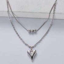 collar de plata 925 de doble cadenas con dijes de bolita y corazon