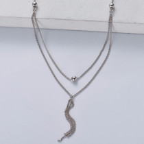 collar de plata 925 de moda en doble cadenas con dijes de  bolita y borla