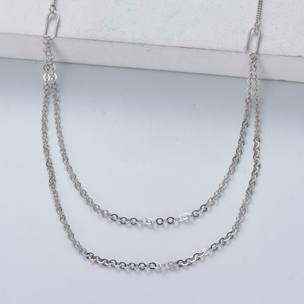 collar de plata 925 doble cadenas modelo simple de moda  al por mayor