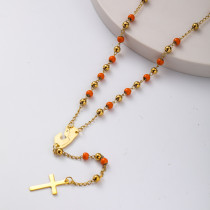 collar de rosario de moda con bolita naranja y dorada dijes de maria para mujer
