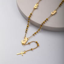 collar de moda de rosario con dijes de maria y bolitas doradas acero inoxidable para mujer