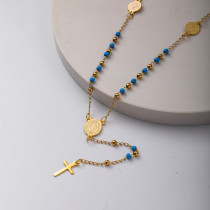 collar largo aesthetic de rosario con dijes y bolitas azul acero inoxidable para mujer