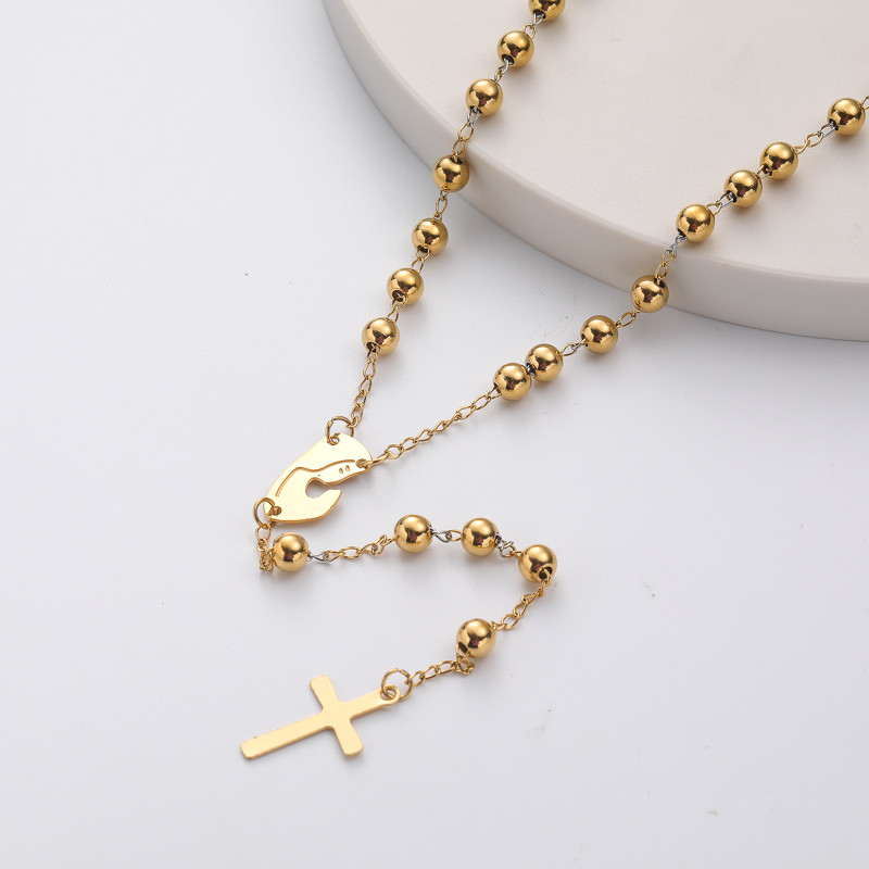 US$ 2.21 ~ US$ 3.40 - collar de moda de rosario dorado con dijes de maria y  colgante de cruz para mujer por mayor - Joyas De Acero Por Mayor