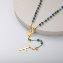 collar de rosario de moda maria con bolita azul y dorada para mujer