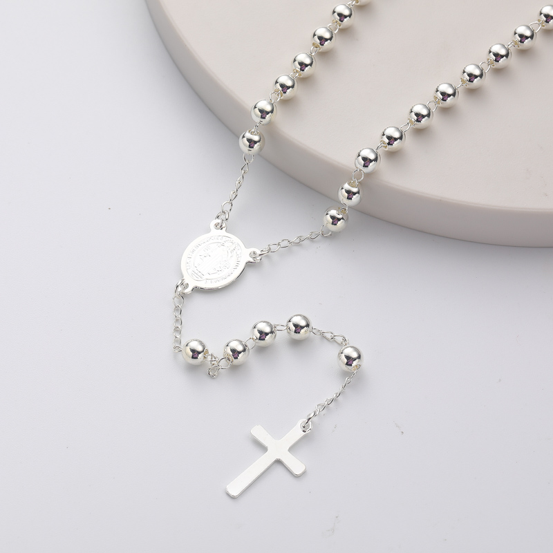 collar de moda de rosario plateado blanco con dijes de maria y colgante de cruz para mujer por mayor