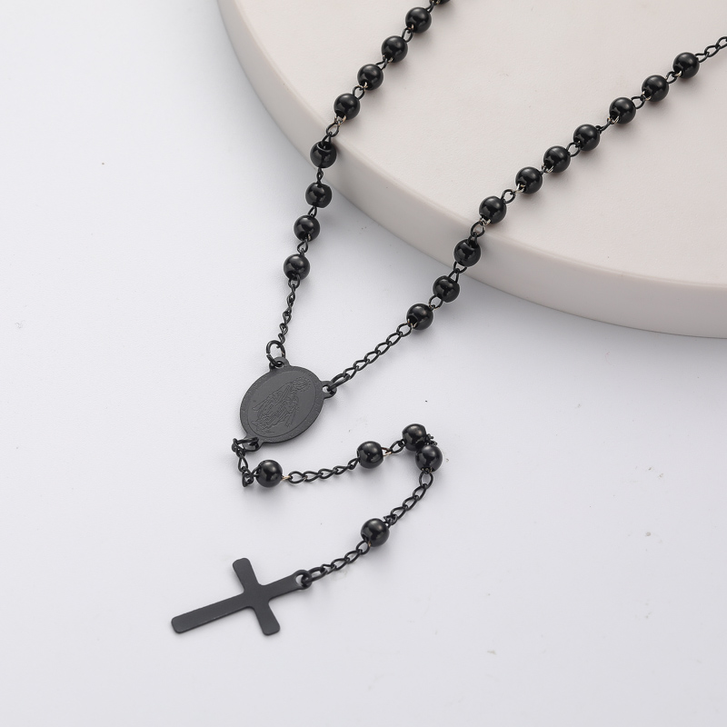 collar de moda de rosario negro con dijes y colgante de cruz para mujer por mayor
