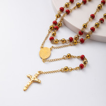 collar de rosario con dijes San Judas acero inoxidable 18k con bolita roja y dorado por mayor para mujer