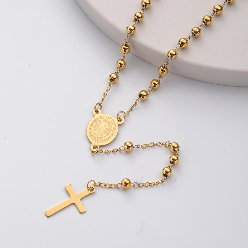 collar aesthetic de rosario dorado con dijes maria y colgante de cruz para mujer por mayor