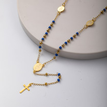 collar de moda de rosario con dijes bolitas azules y doradas acero inoxidable para mujer
